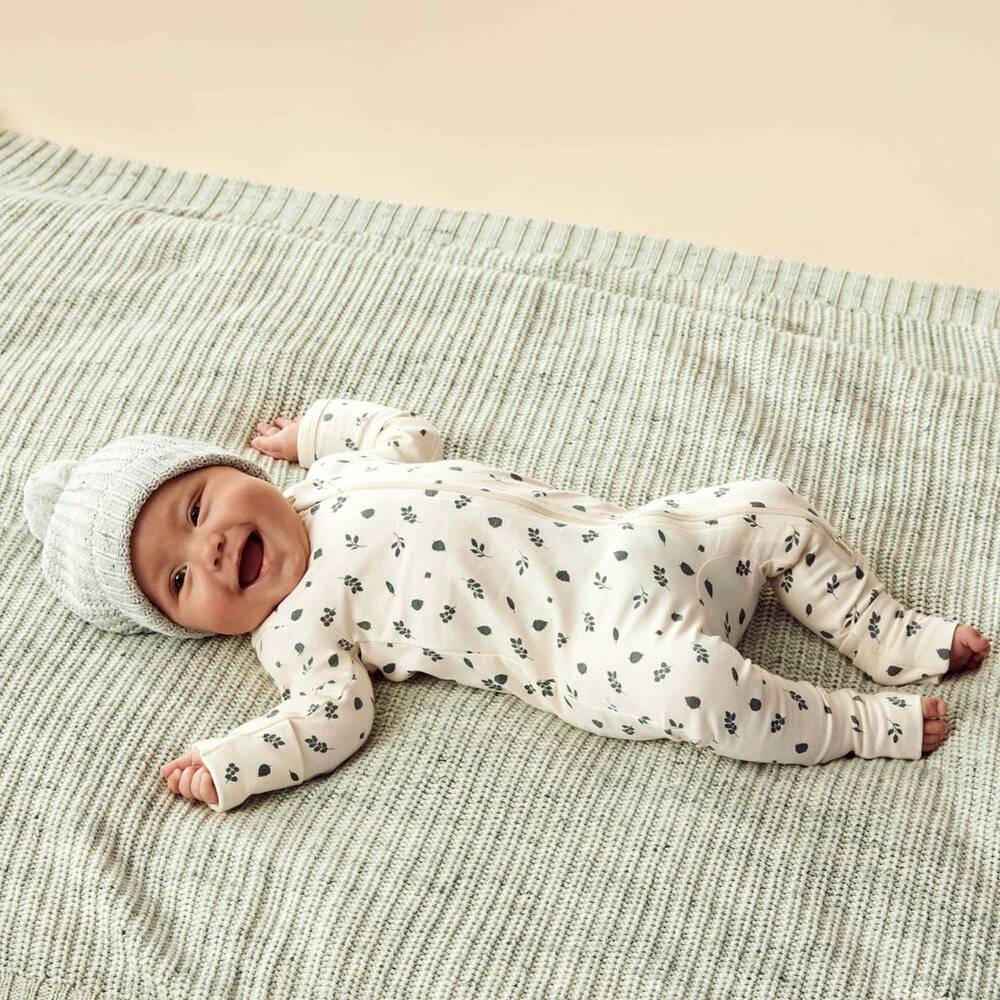 NEW WILSON + FRENCHY newborn's footed organic cotton zipsuit in twilight leaf